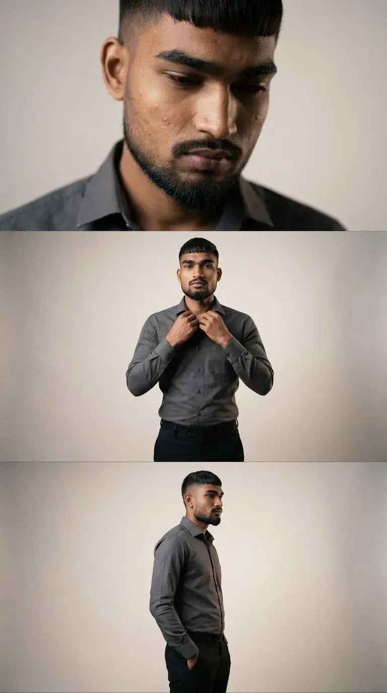 3-Panel Minimalist Studio Male Fashion Triptych In Charcoal Grey Shirt Prompt