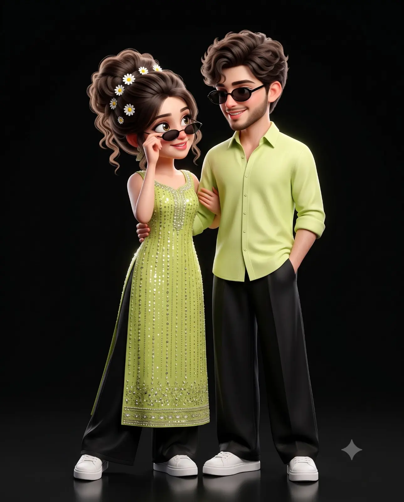 3D Cartoon Couple In Matching Green Outfits