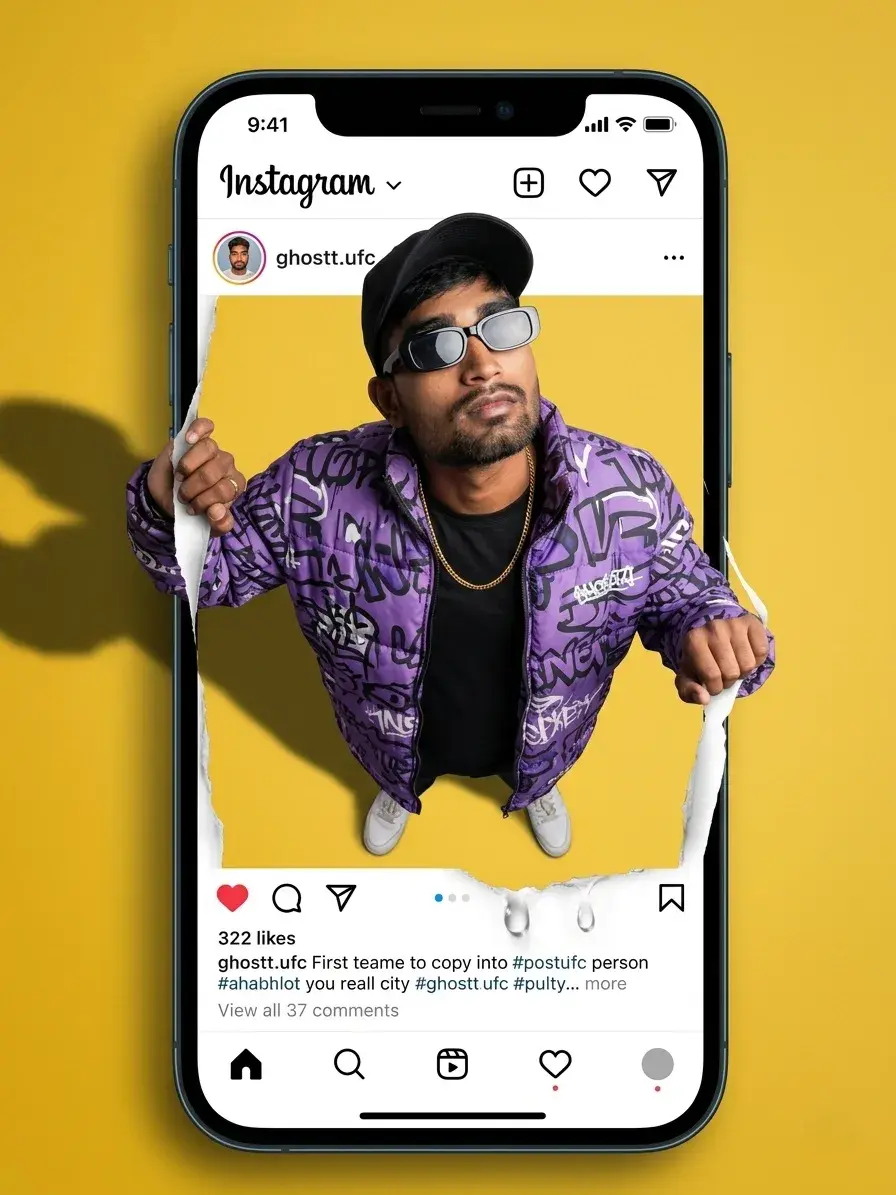 3D Instagram Post Pop-Out Male Portrait In Purple Graffiti Puffer Prompt