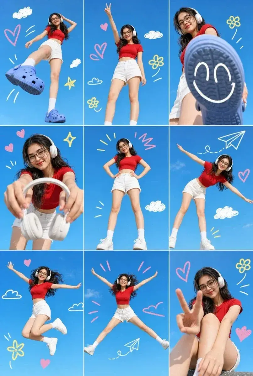 A 3x3 Grid Collage Containing Nine Separate Photos Of A Single Young Asian Woman Prompt For A 3x3 Grid Collage Containin