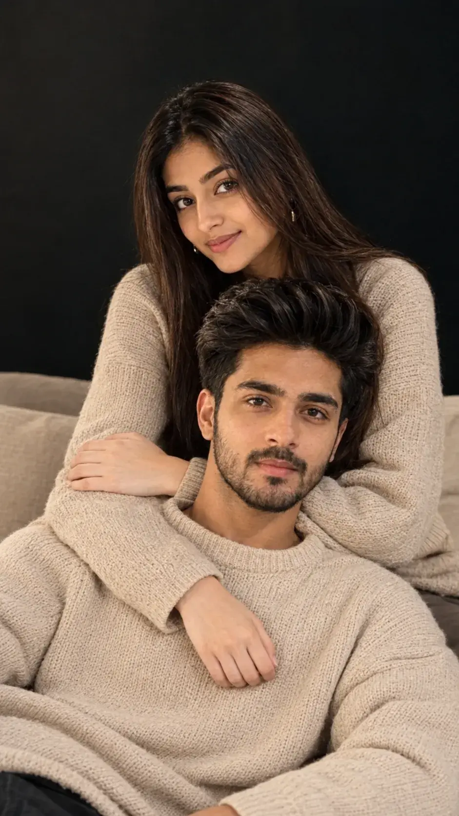 A Beautiful Couple In A Cozy Beige Sweater Embrace ❤️