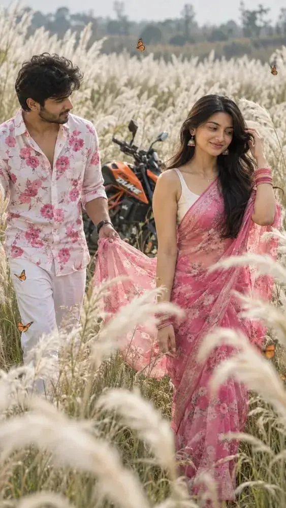 A Beautiful Romantic Couple In Pink Floral Outfits Walking Through A Dreamy White Pampas Grass Field 🦋🌸