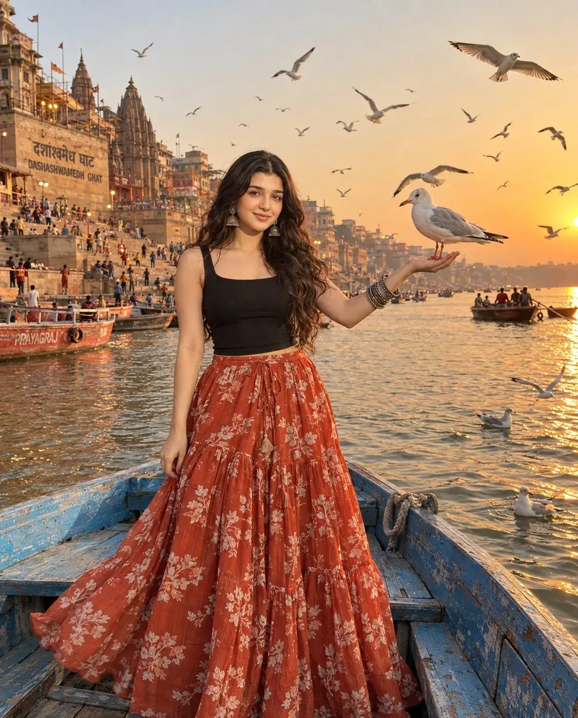 A Beautiful Woman Enjoying A Magical Golden Sunset At Varanasi Ghat With A Seagull On Her Hand ✨🧡