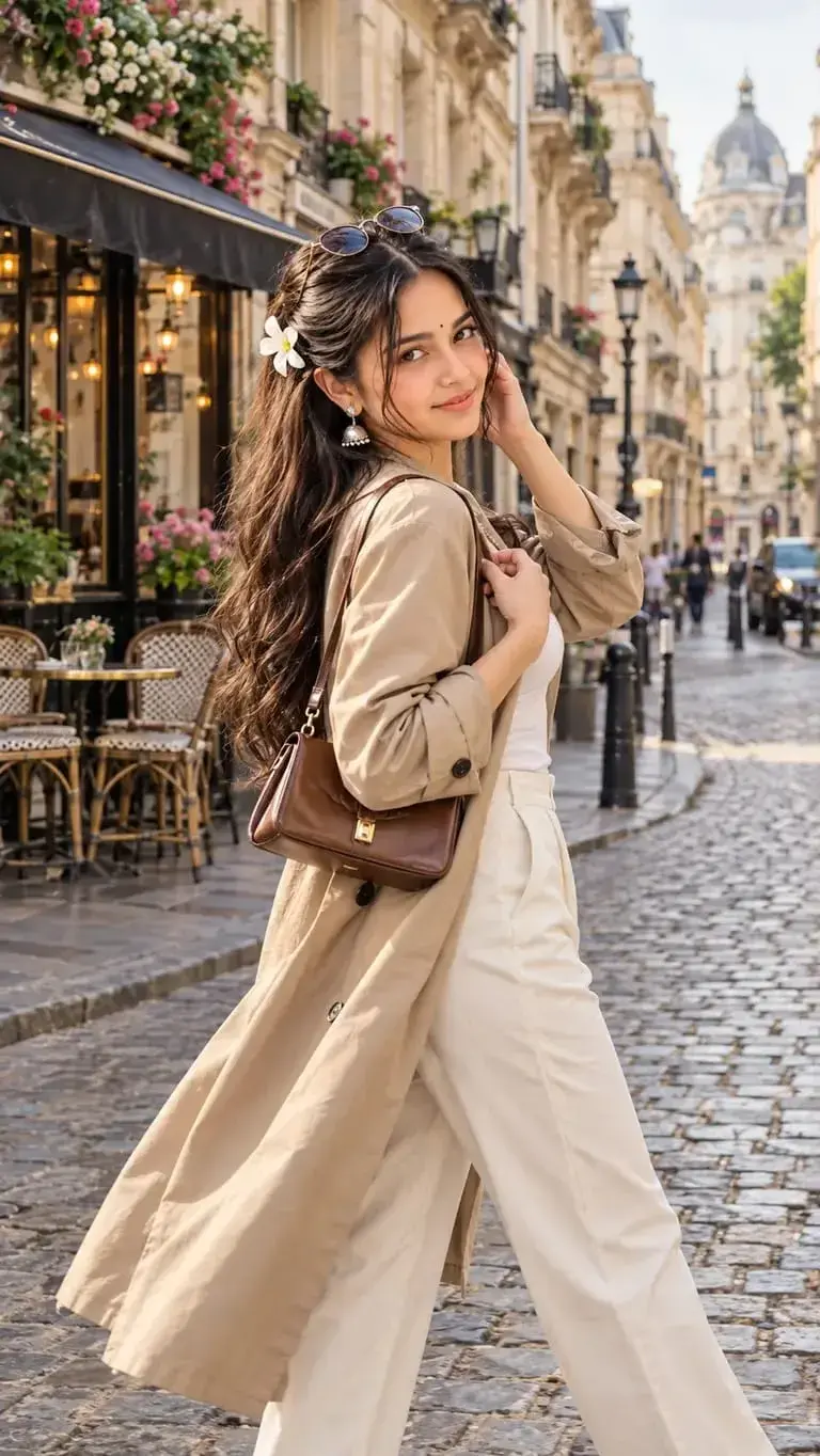 A Beautiful Woman In A Chic Beige Trench Coat Strolling Through A Dreamy Parisian Street 🌸🤎