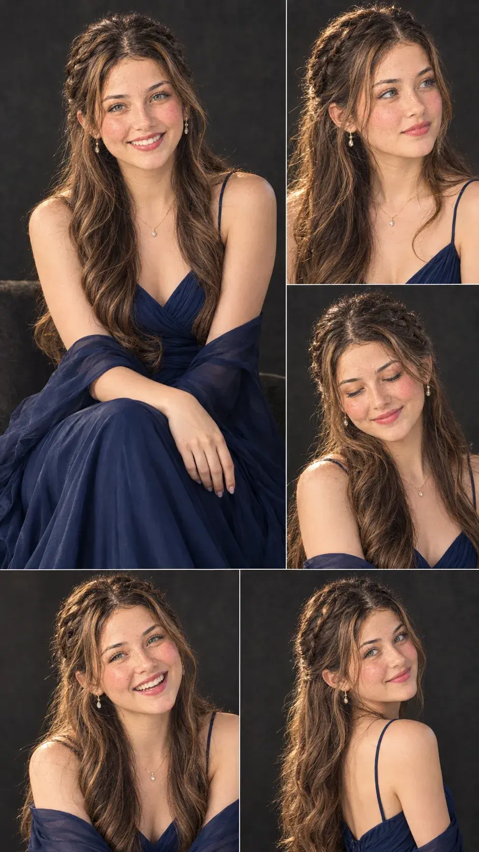 A Beautiful Woman In A Royal Navy Blue Gown – Elegant Five-Panel Portrait Photography ✨