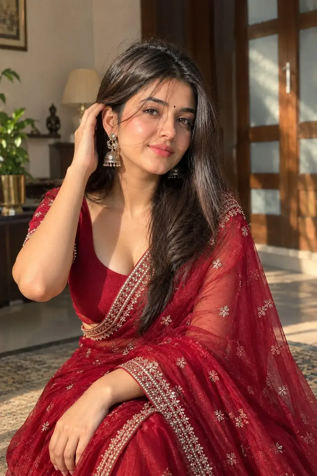 A Beautiful Woman In A Royal Red Embroidered Saree With Elegant Traditional Beauty And A Graceful Smile ❤️✨