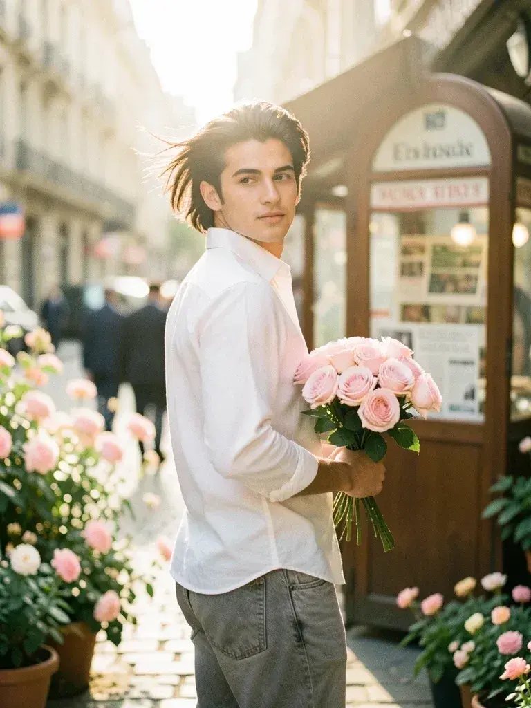 A Beautiful Young Man With Dark Flowing Hair Holding A Bouquet Of Soft Pink Roses Prompt For A Beautiful Young Man With