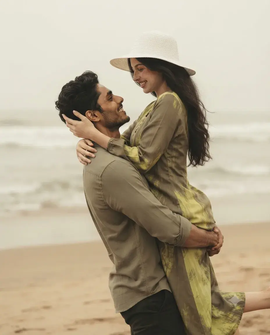 A Cinematic Candid Medium Shot Of A Happy South Asian Couple