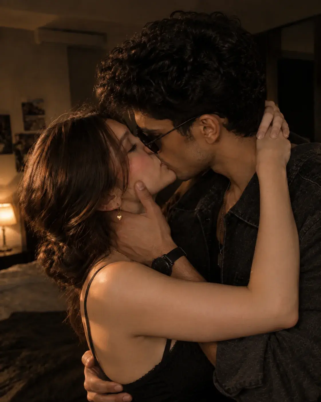 A Gentle Romantic Kiss In A Dimly Lit Bedroom