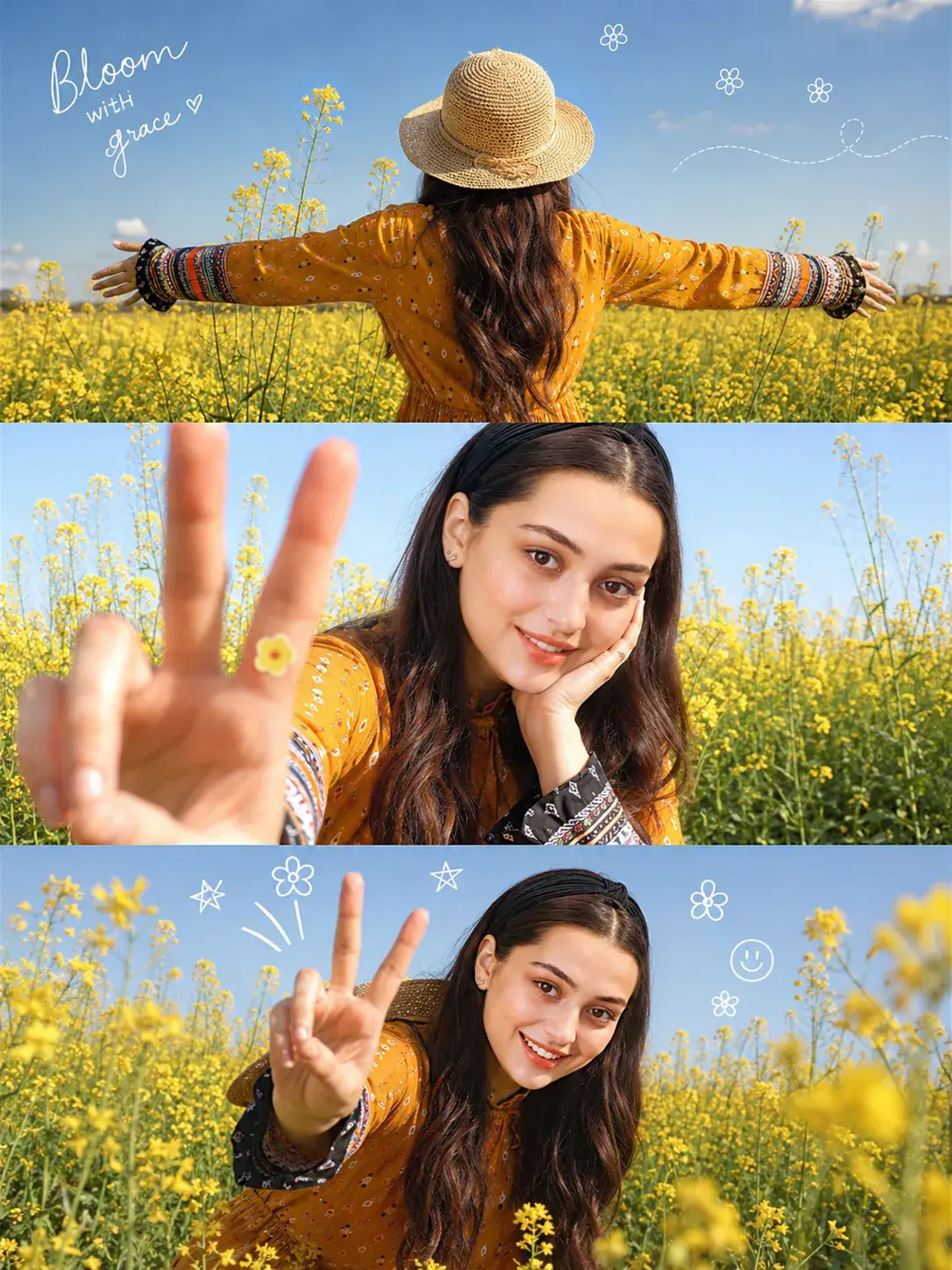 A Girl In An Expansive Field Of Blooming Yellow Rapeseed (Canola) Flowers Beneath A Crystal-Clear Blue Spring Sky.