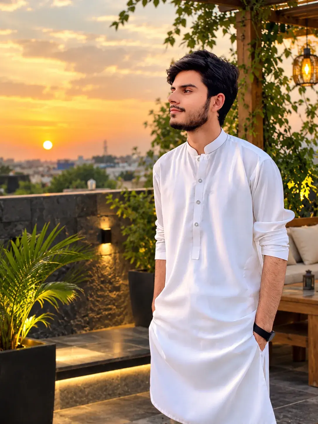 A Handsome Man In A White Kurta – Royal Golden Hour Rooftop Portrait