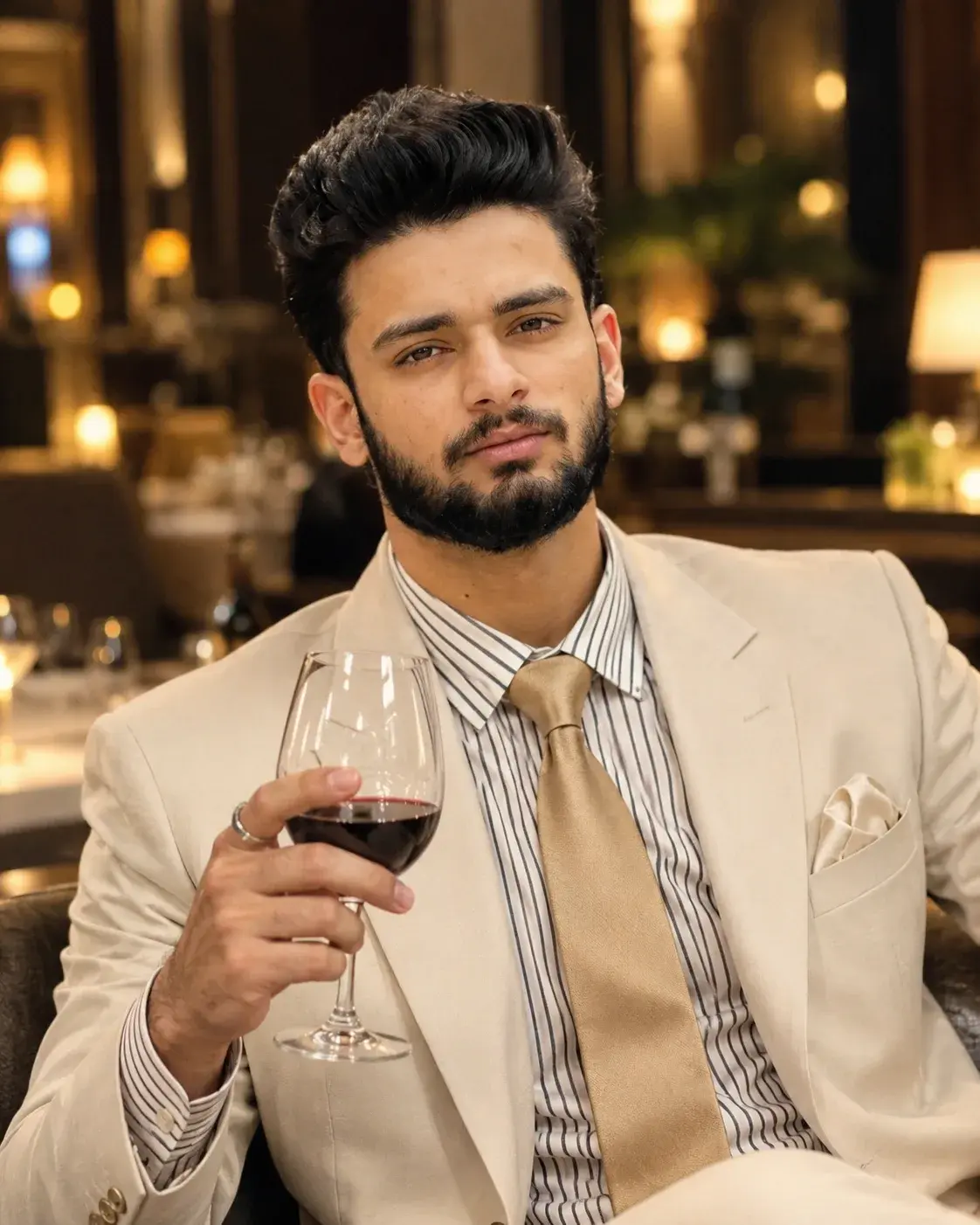 A Handsome Man In An Ivory Luxury Suit – Elegant Golden Hour Restaurant Portrait 😍