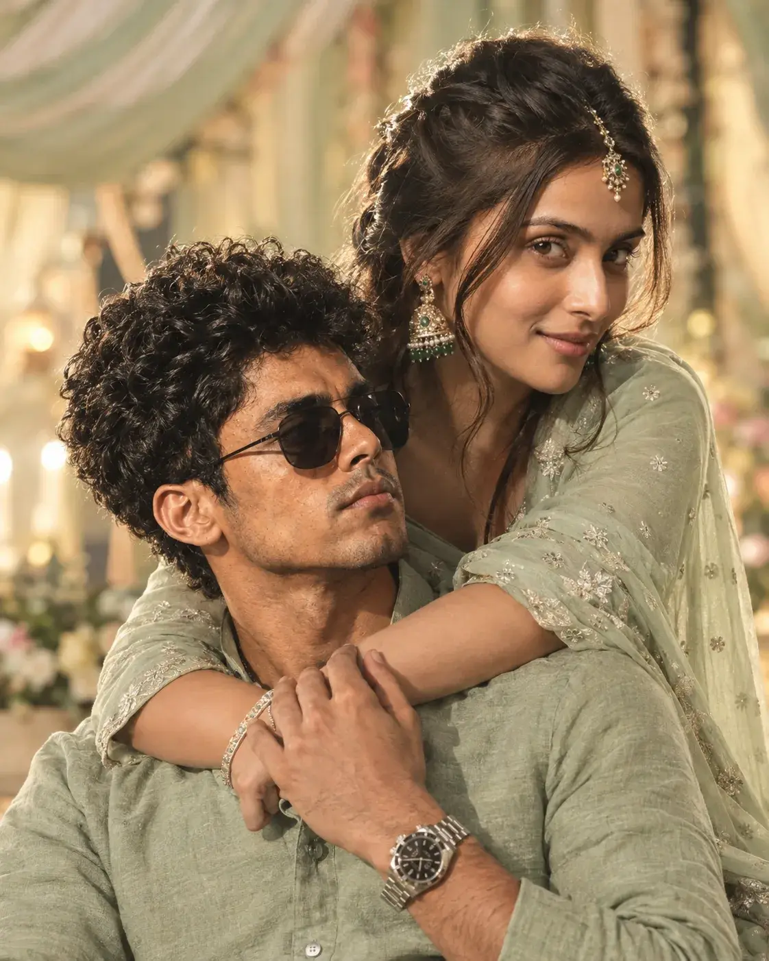 A Light Sage Green Kurta With A Romantic Portrait