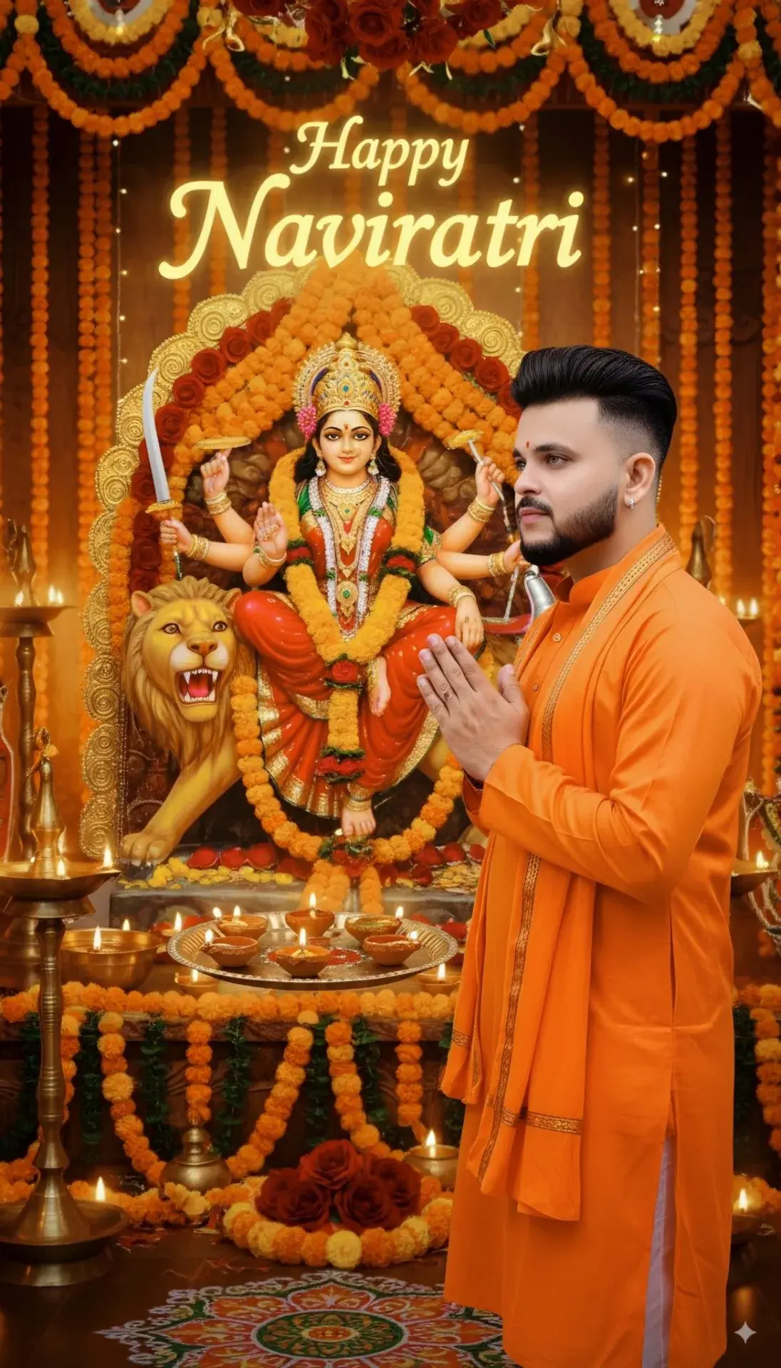 A Man In An Orange Kurta Standing In Front Of A Statue Of A Hindu Goddess, Durga Pooja