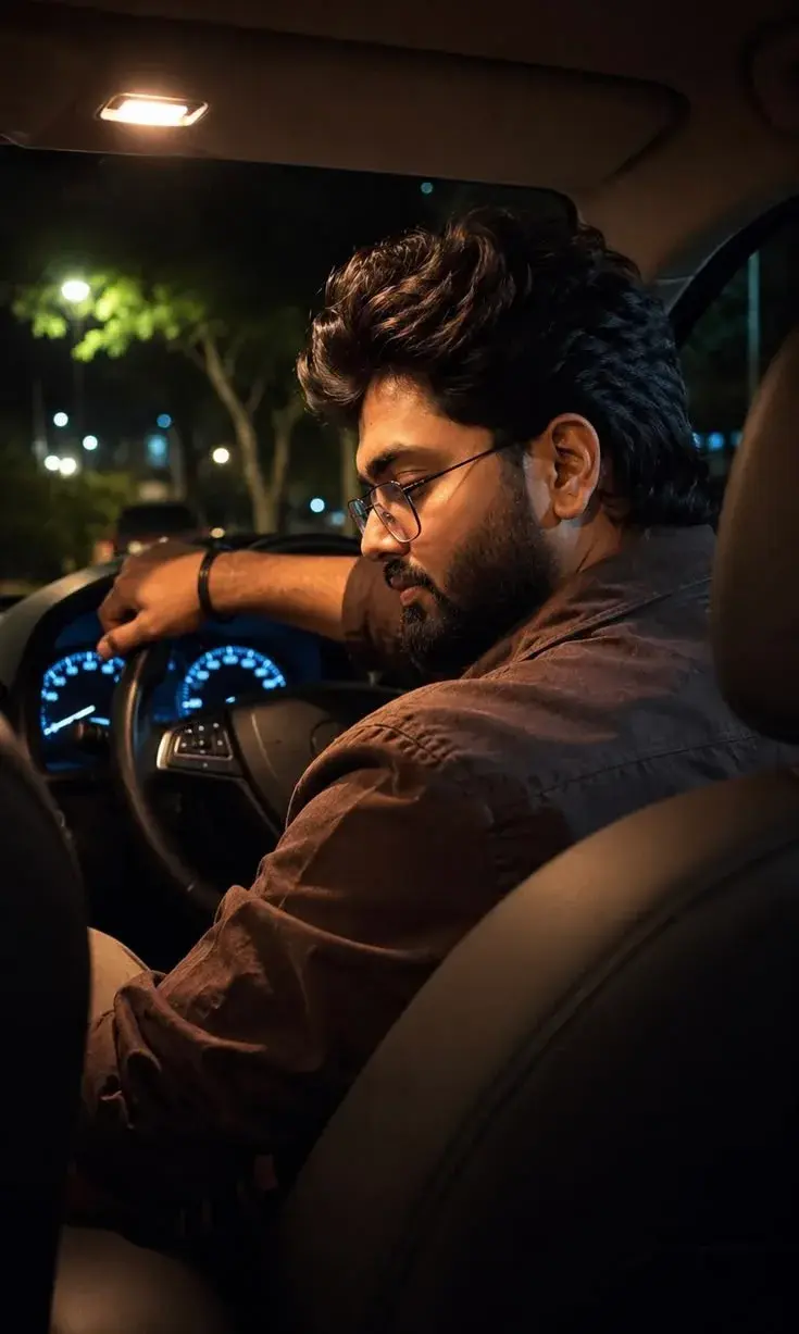 A Man Sitting In A Car At Night, Illuminated By The Dashboard Lights.
