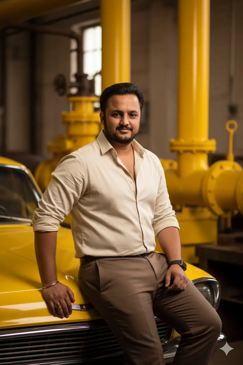 A Man With A Yellow Vintage Car