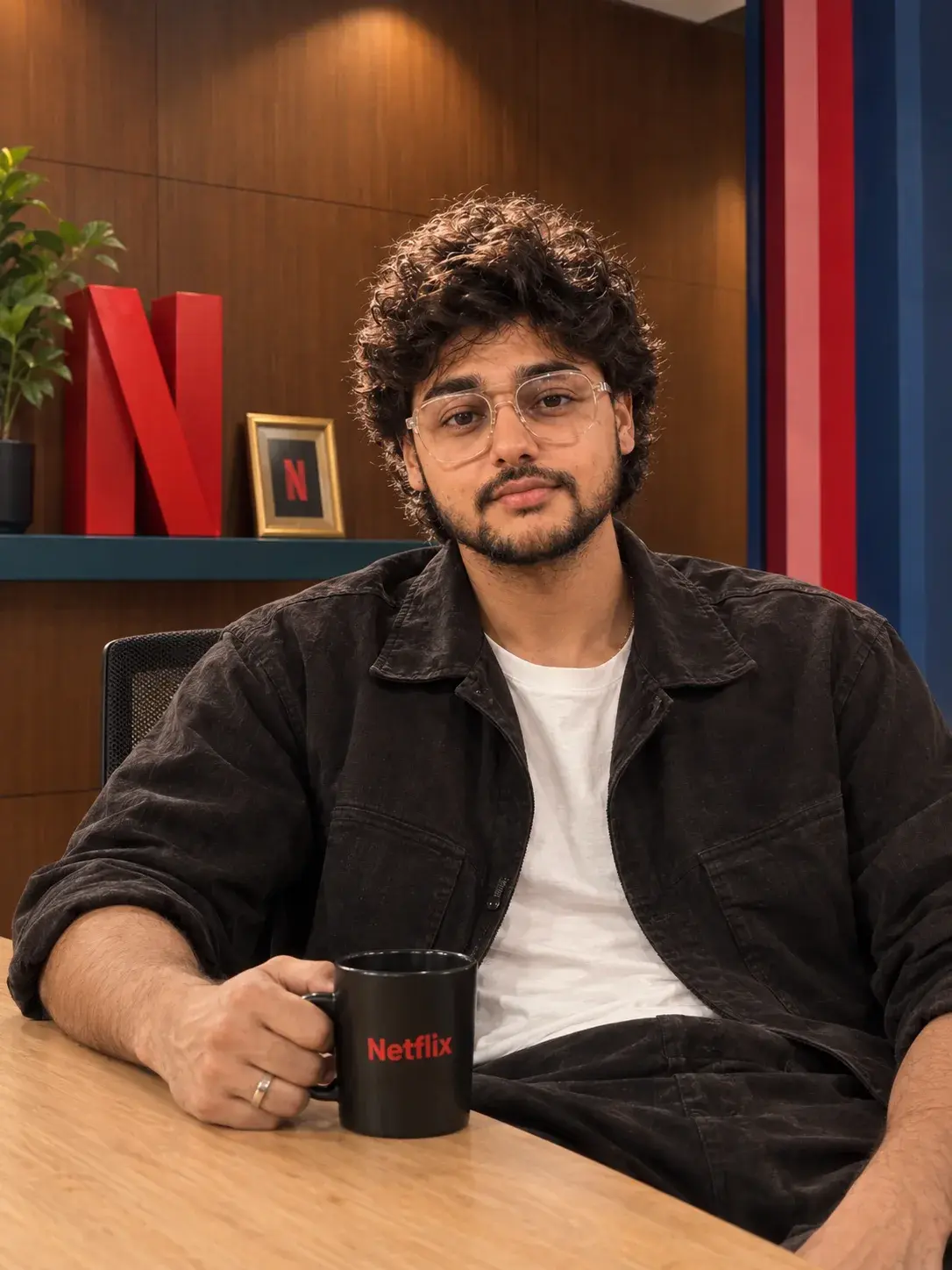 A Netflix Studio Scene, A Young Man Sits On Oak Wooden Table While Enjoying Coffee.