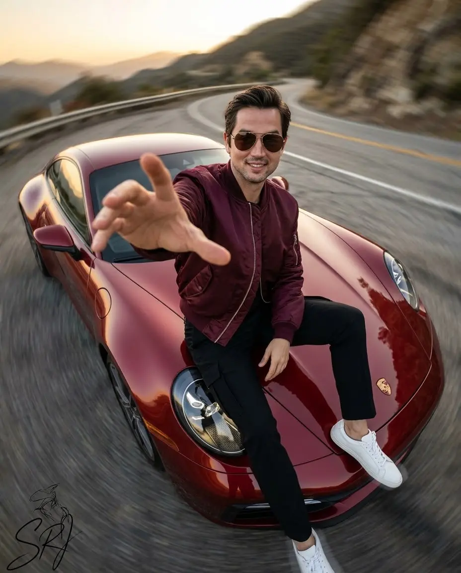 A Professional Photo Of A Young Man In A Red Porsche Accelerating At A Professional Speed.