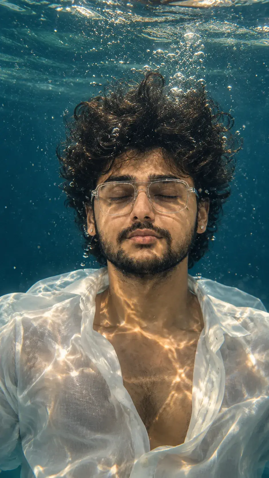 A Serene Underwater Portrait With Floating Curls, Shimmering Golden Caustic Light.