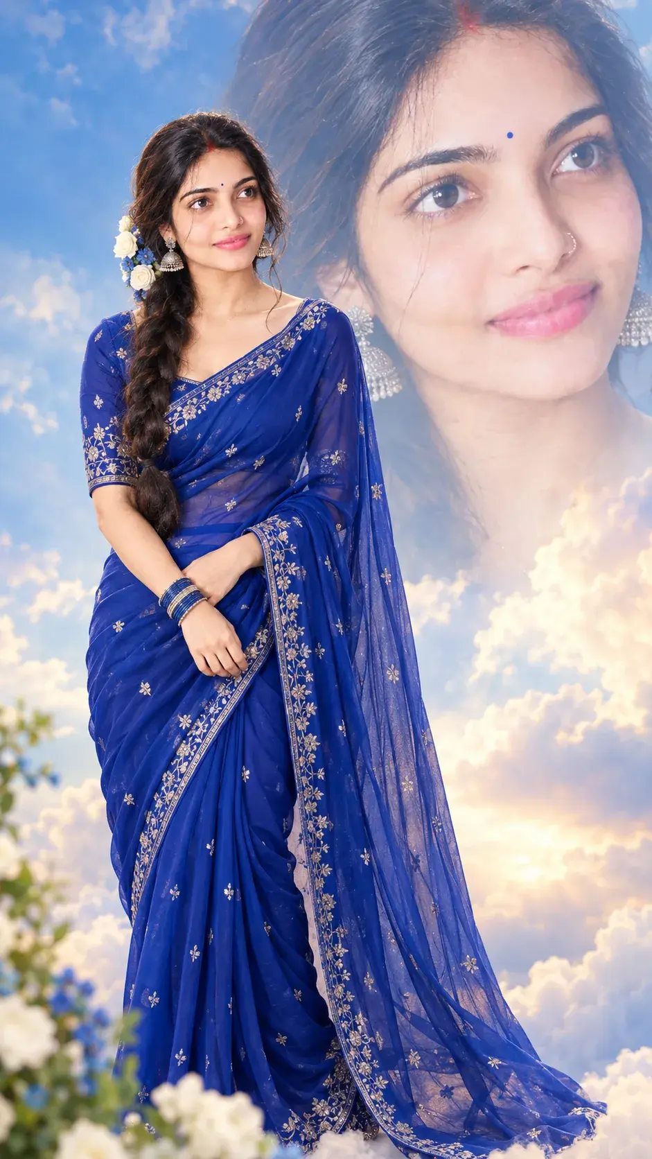 A Smiling Indian Woman In A Royal Blue Chiffon Saree With Silver Embroidery.