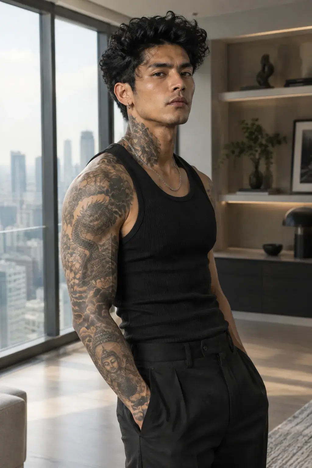 A Tattooed Asian Man Stands In Three Quarter