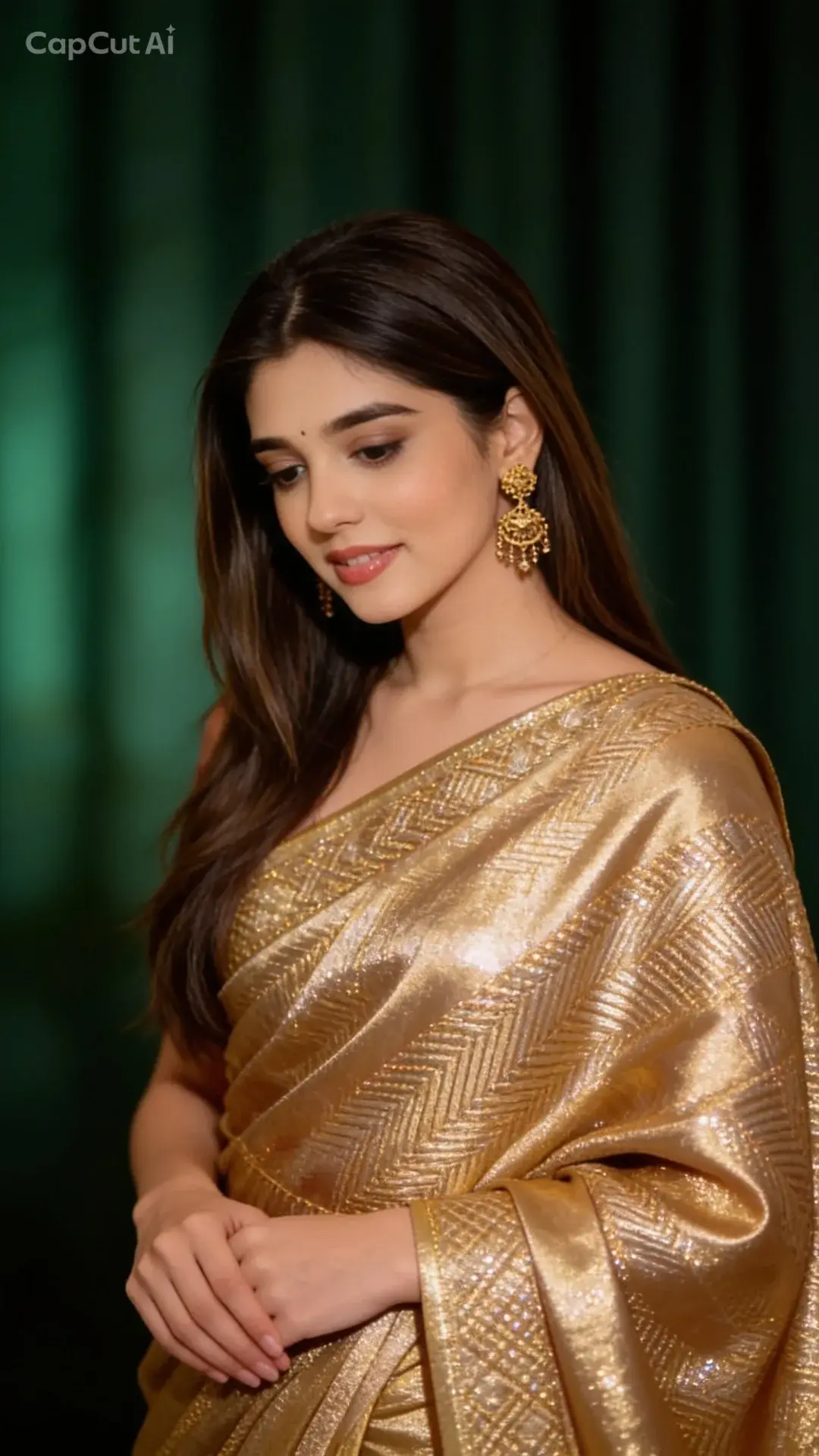 A Woman Gold Sari And Aesthetic Vibe