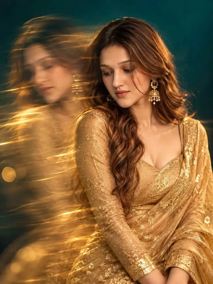 A Woman With Long Brown Hair, Adorned In A Gold Sari A