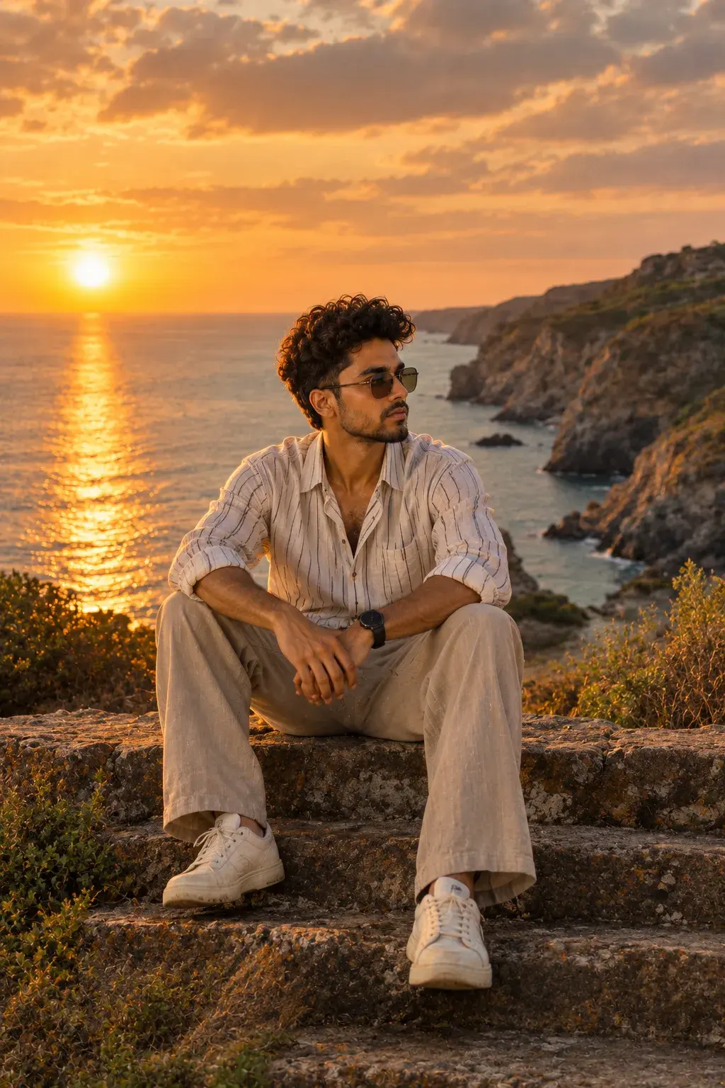 A Young Bearded Man Sits Calmly On Weathered