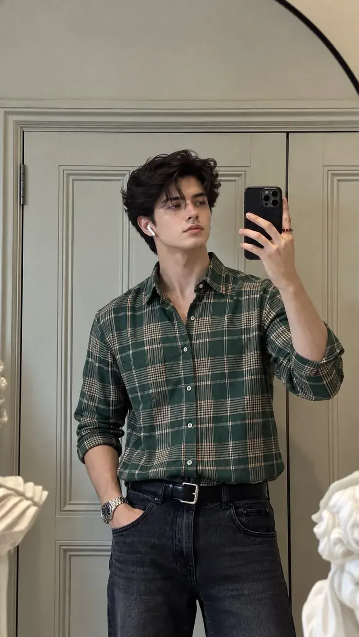 🪞 Aesthetic Boy Mirror Selfie | Green Plaid Shirt 💚