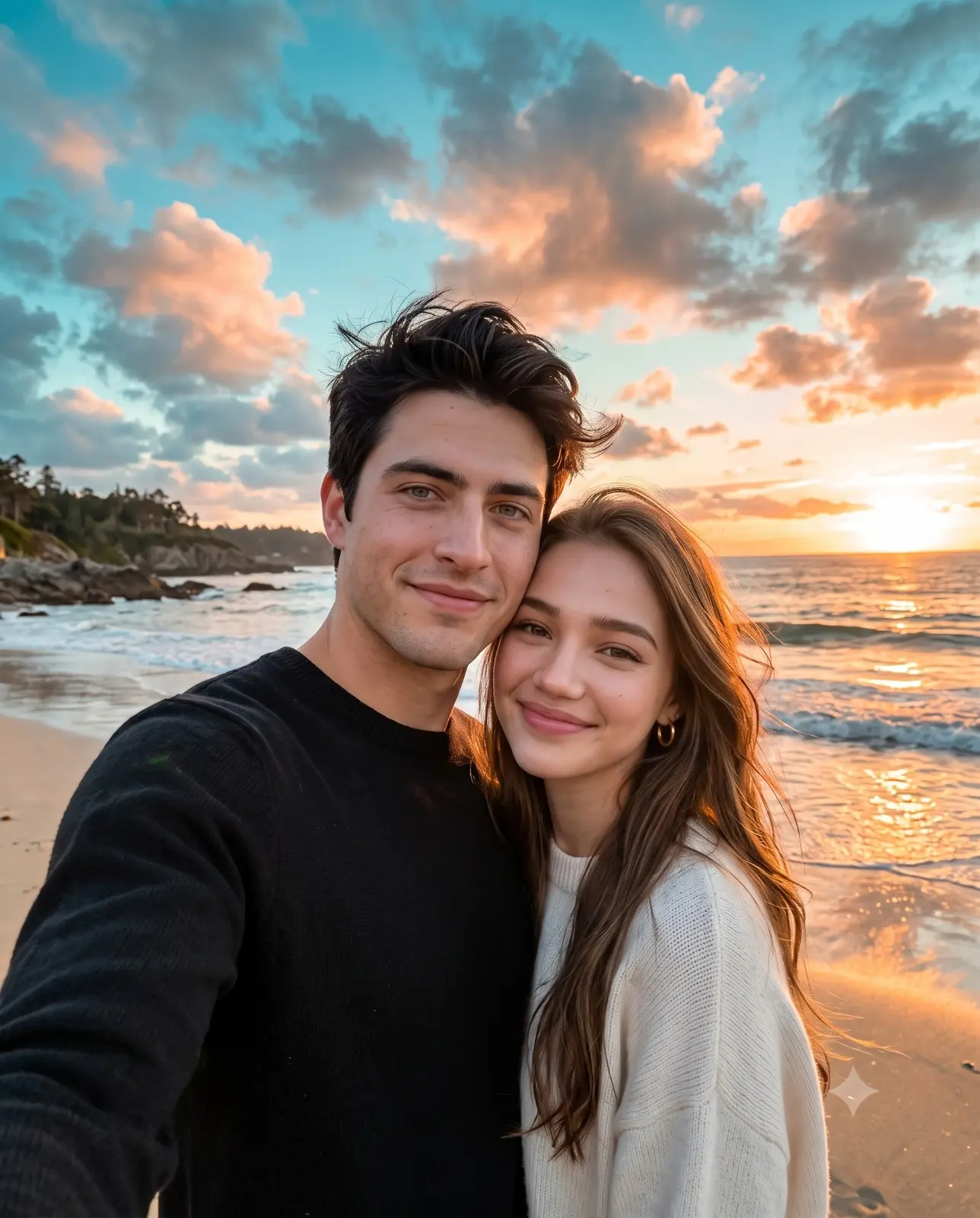 Aesthetic Couple Beach Selfie At Sunset