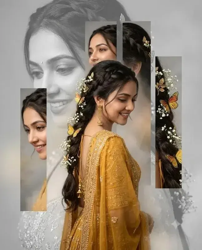 Aesthetic Floral Braid Portrait Montage In Mustard Lehenga