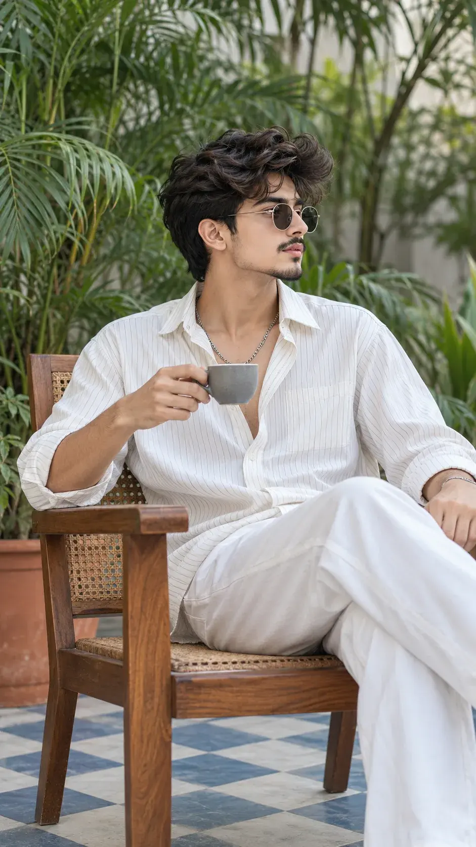 Aesthetic Garden Portrait Of A Young Man In White Pinstripe Shirt 🌿