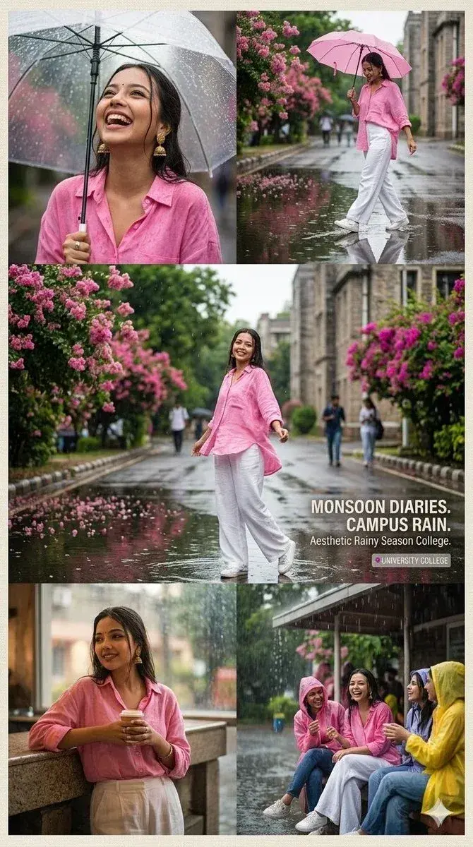 Aesthetic Rainy Season College Portrait Collage Of A Stylish Young Woman In A Pink Generate A Social Media Creative Prom