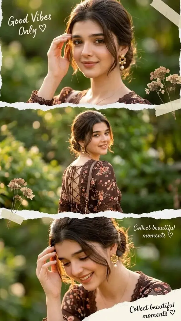 Aesthetic Scrapbook Triptych Of Young Indian Woman In Floral Dress