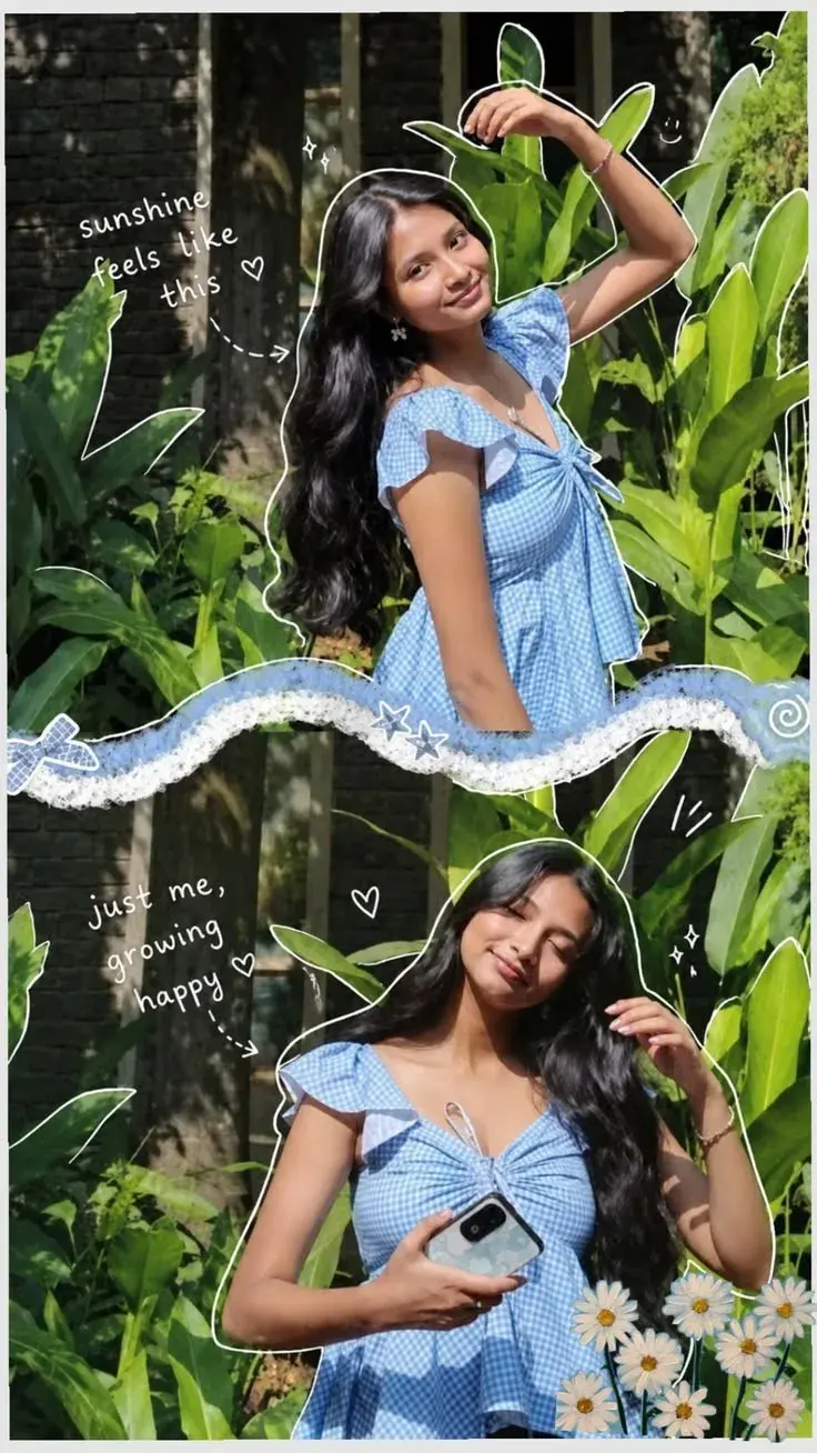 Aesthetic Social Media Scrapbook Portrait Collage Of Indian Woman In Blue Gingham Top