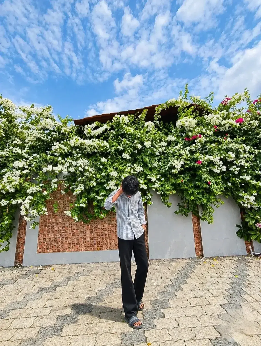 AI Garden Portrait Prompt | Full Body Streetwear Photography With White Bougainvillea