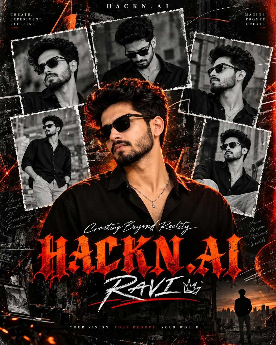 AI Identity Poster Prompt | Cinematic Multi-Portrait Collage, Dark Aesthetic & Orange Typography