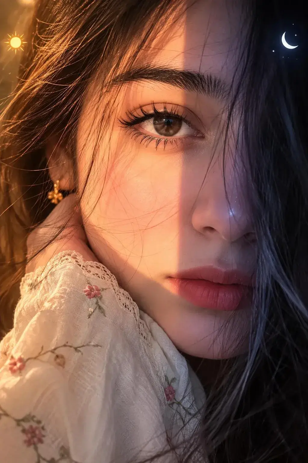 AI Image Prompt — Sunlight × Moonlight Cinematic Portrait