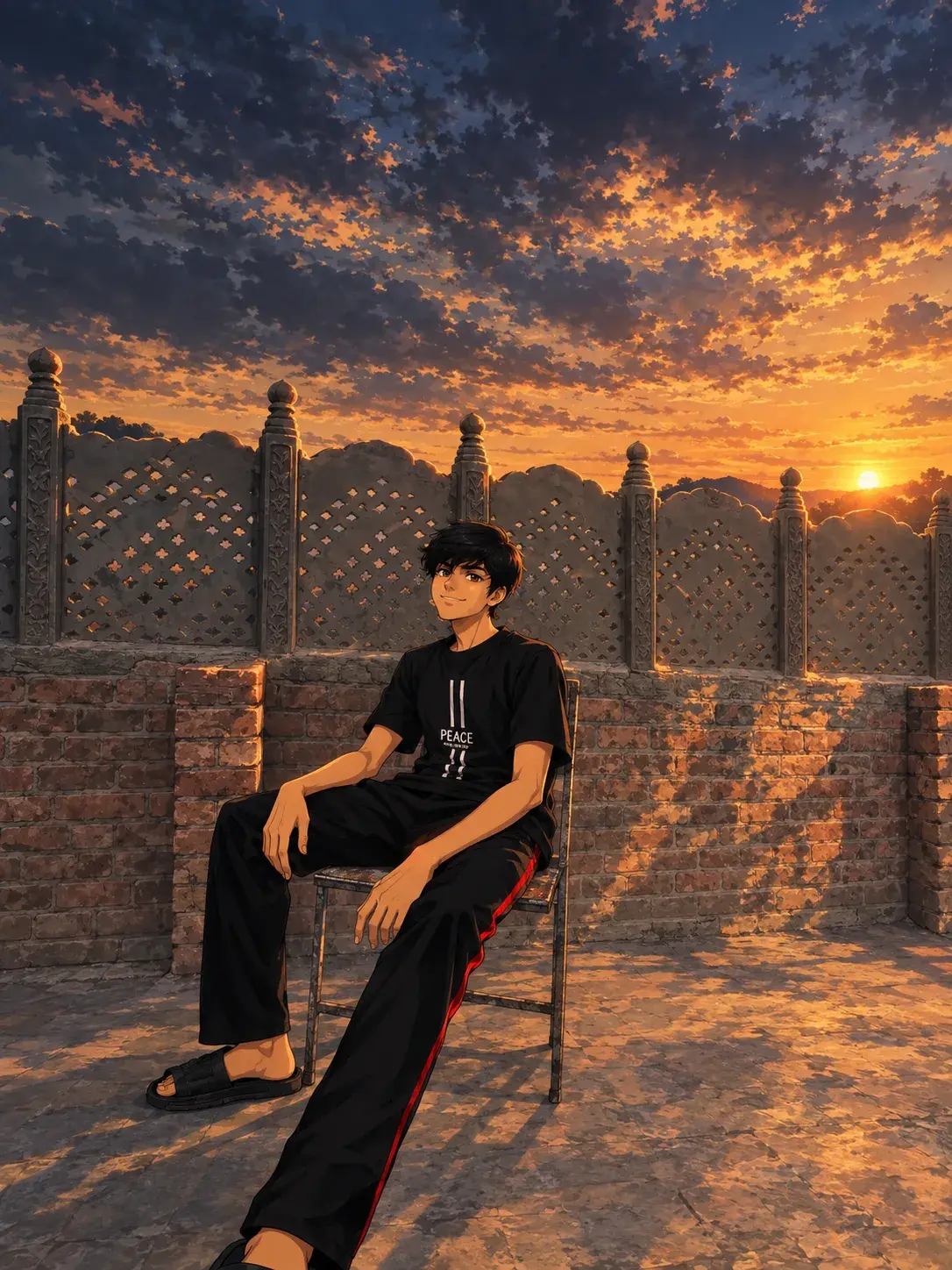 Anime Sunset Courtyard Portrait