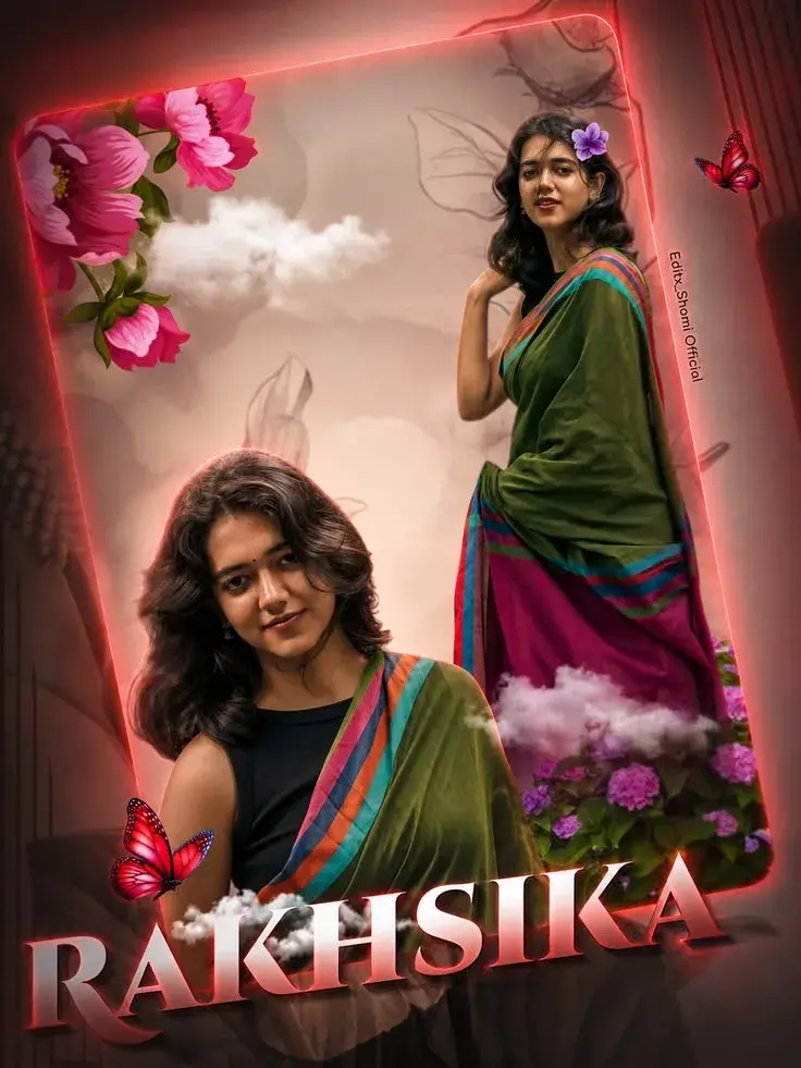 Artistic Neon Red Frame Portrait Poster Of Young South Asian Woman In Olive Saree With Red Butterflies And 