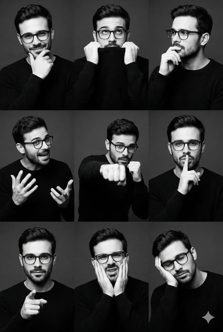 B&w 9-Grid Multi-Emotion Portrait Of Man In Black