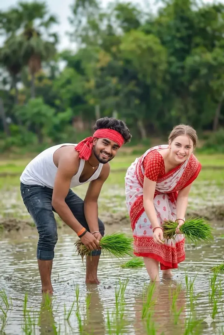 Beautiful Indian Village Life – Couple Planting Rice In A Paddy Field 🌾❤️