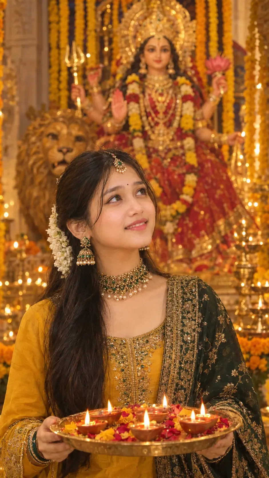 Beautiful Indian Woman Holding Aarti Thali During Durga Puja Festival