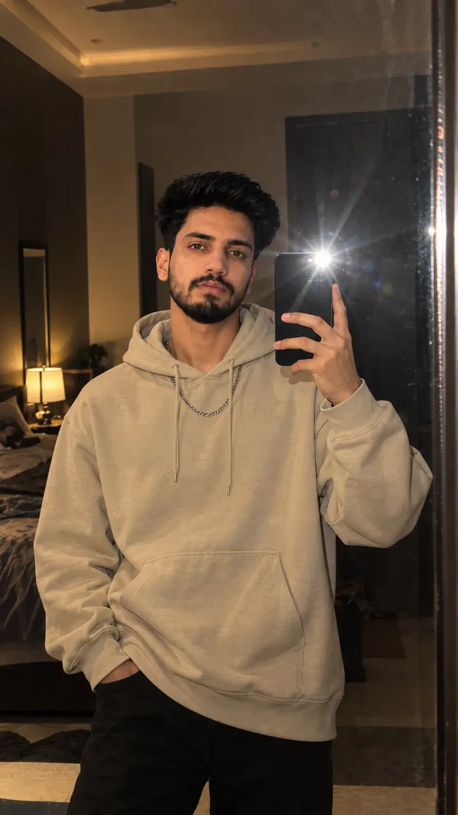 Beige Hoodie Mirror Selfie | Aesthetic Men’s Bedroom Photo