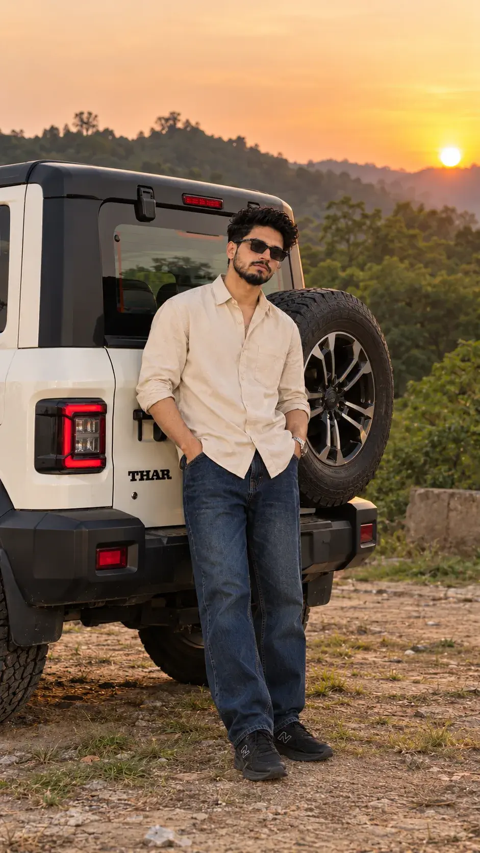 Beige Shirt Look With White Mahindra Thar At Sunset
