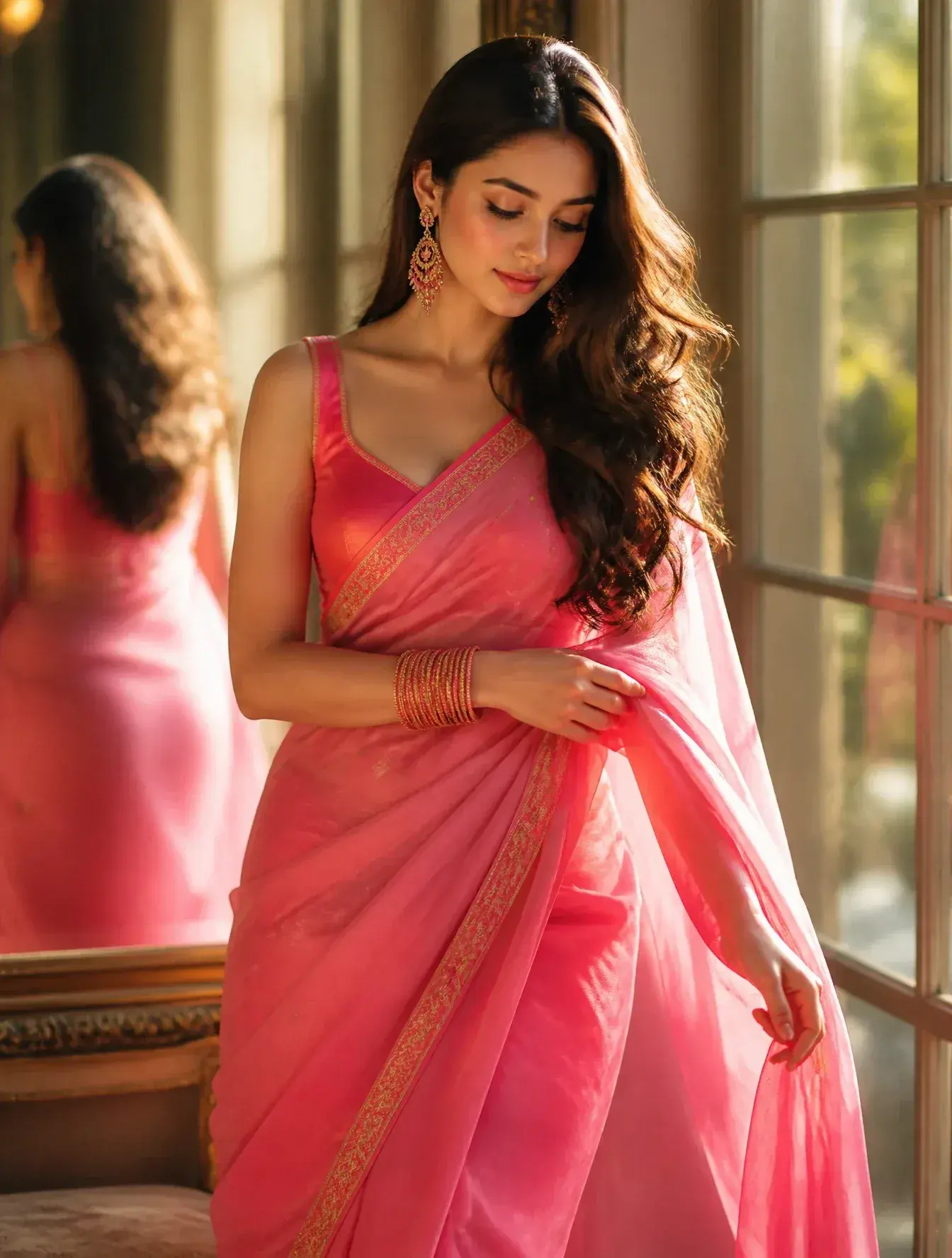 Beside A Large Window In Warm Golden-Hour Sunlight, Wearing A Vibrant Hot-Pink