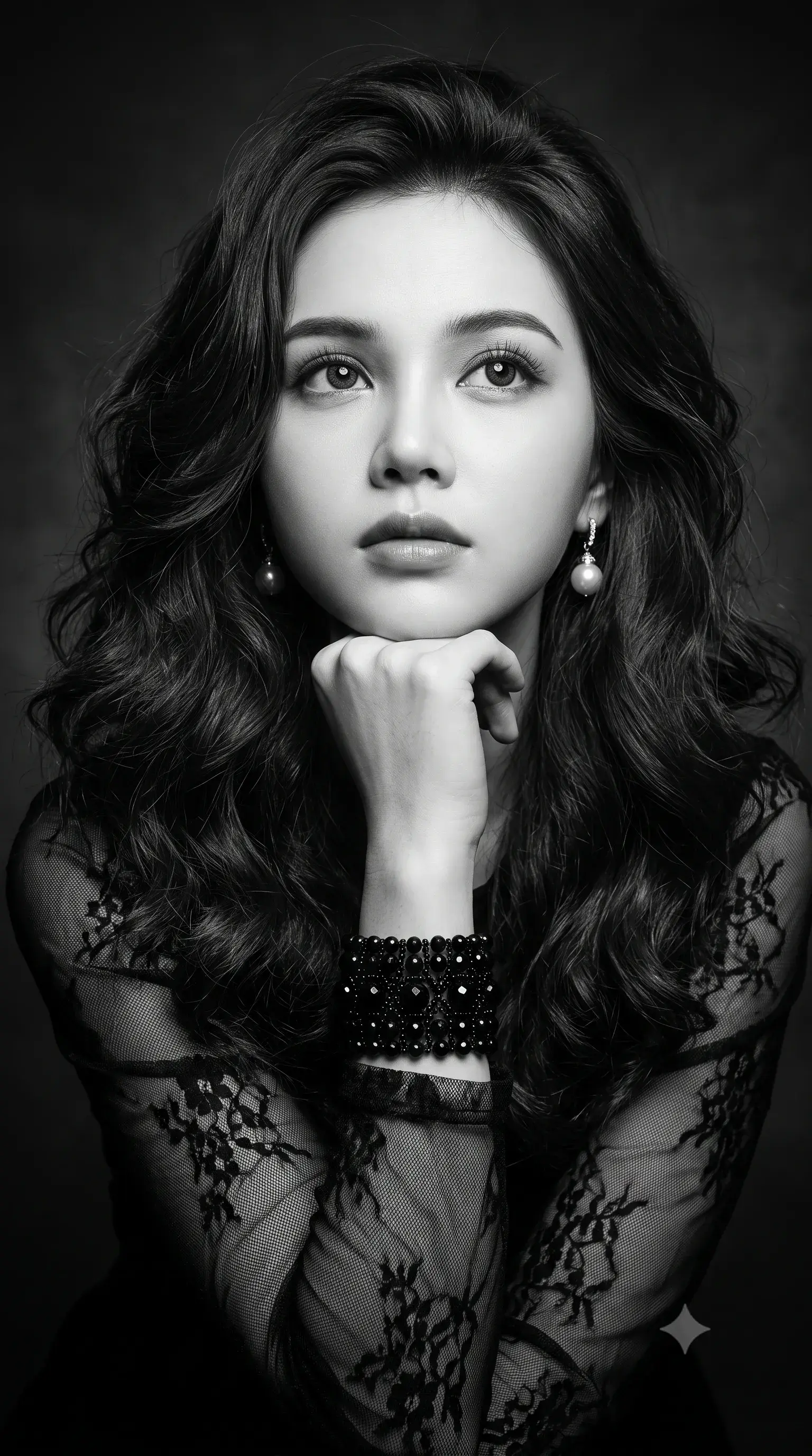 Black And White Thoughtful Woman Portrait AI Prompt