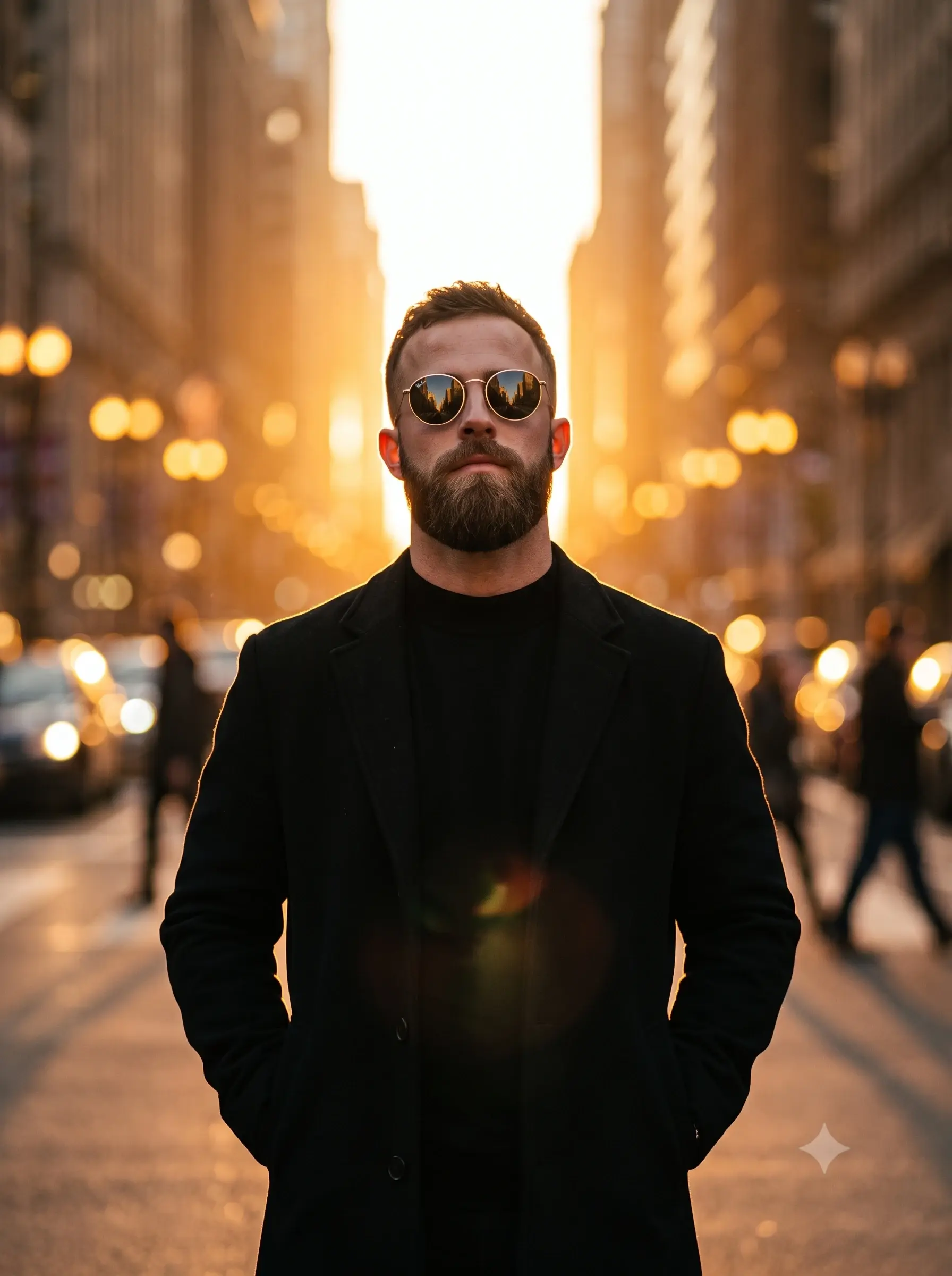 Black Coat Sunset City Photo AI Prompt