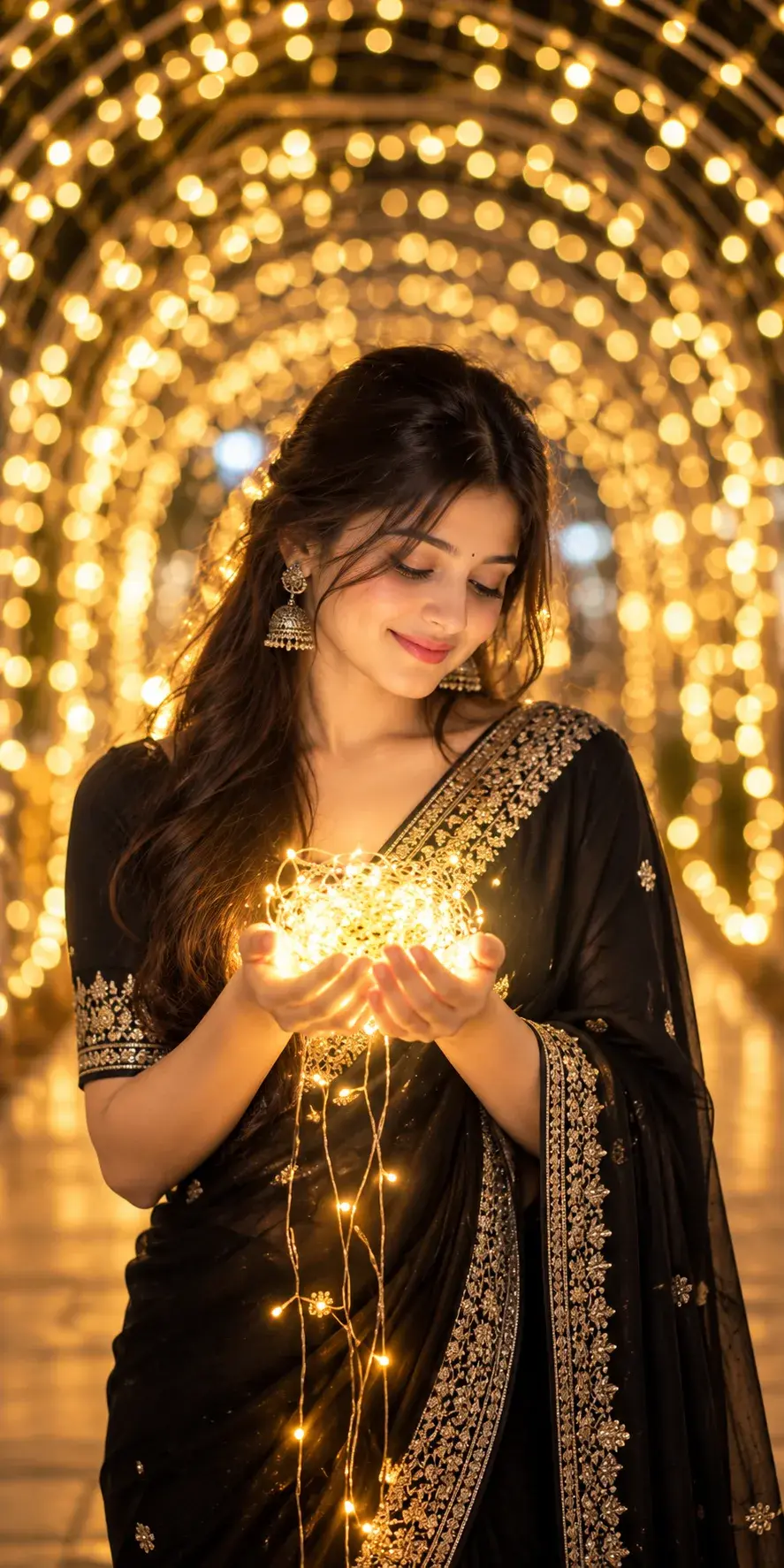 Black Saree Aesthetic 🖤✨ | Golden Fairy Lights Photography & Diwali Portrait Ideas