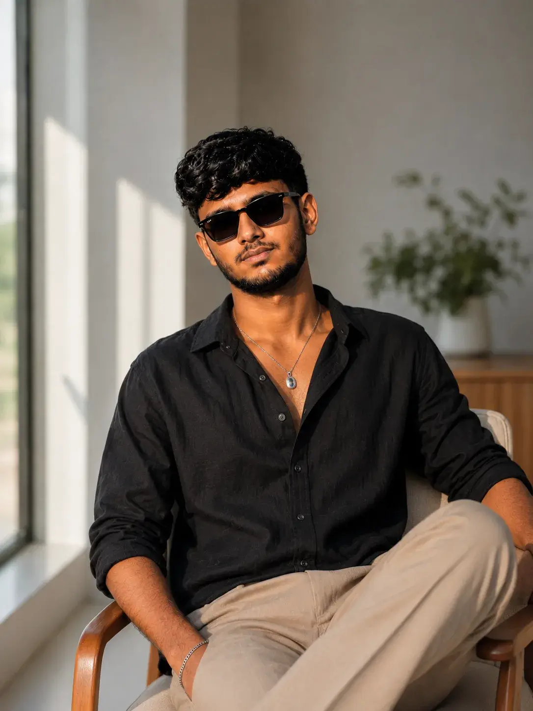 Black Shirt & Silver Locket — Sunlit Editorial Portrait